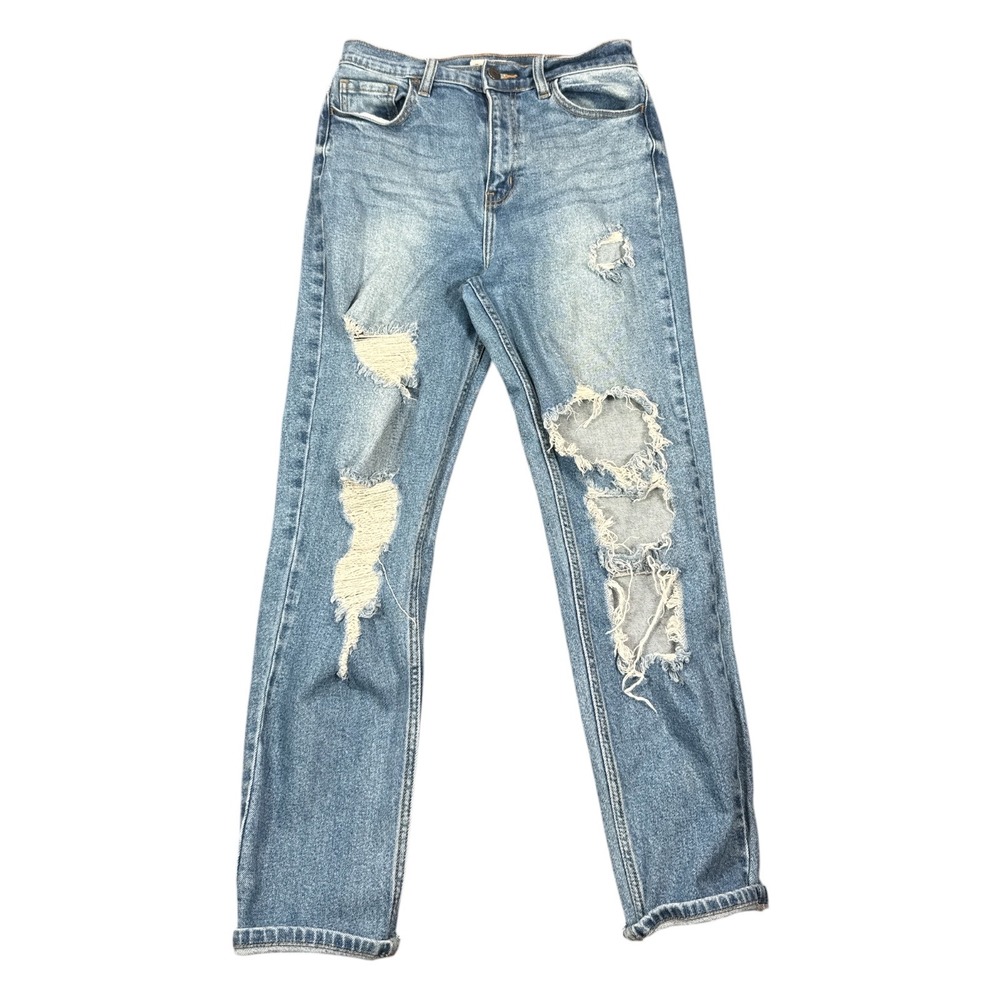 Cello Womens High Rise Distressed Straight Leg Jeans Blue Medium Wash Size 7
